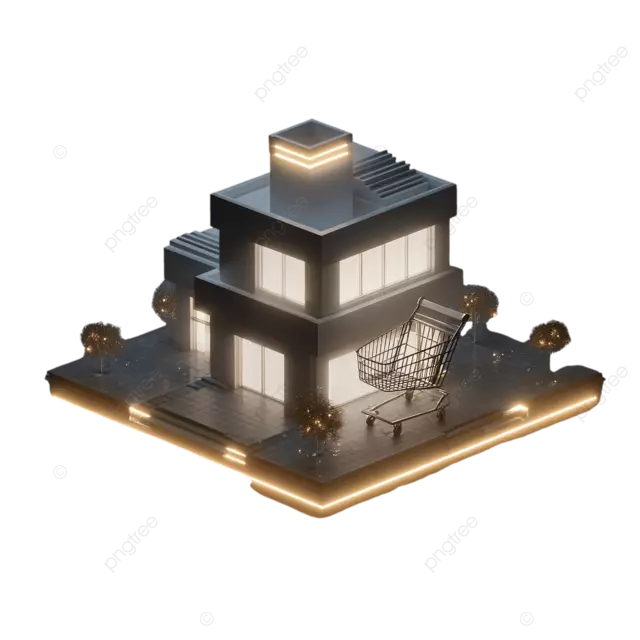 一座充满未来感的明亮办公楼，配有柔和的霓虹灯和极简主义风格的购物车。