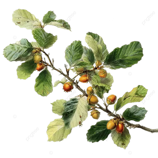 欧洲山毛榉树枝，带有绿叶和山毛榉坚果，精细的植物雕刻