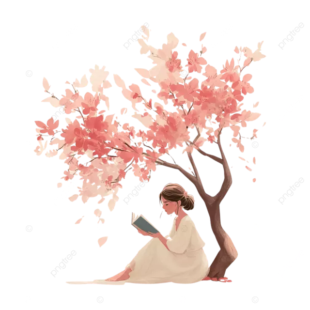 梦幻般的年轻女子在盛开的樱花树下读书，柔和的粉彩色调，优美的线条