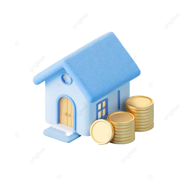 蓝色房子金币粘土等距3D渲染