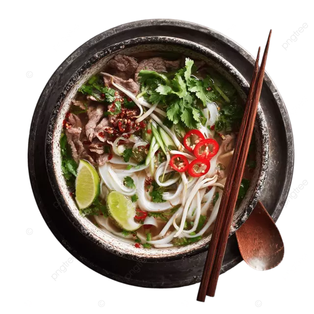 一碗越南河粉放在一张结实的钢桌上。