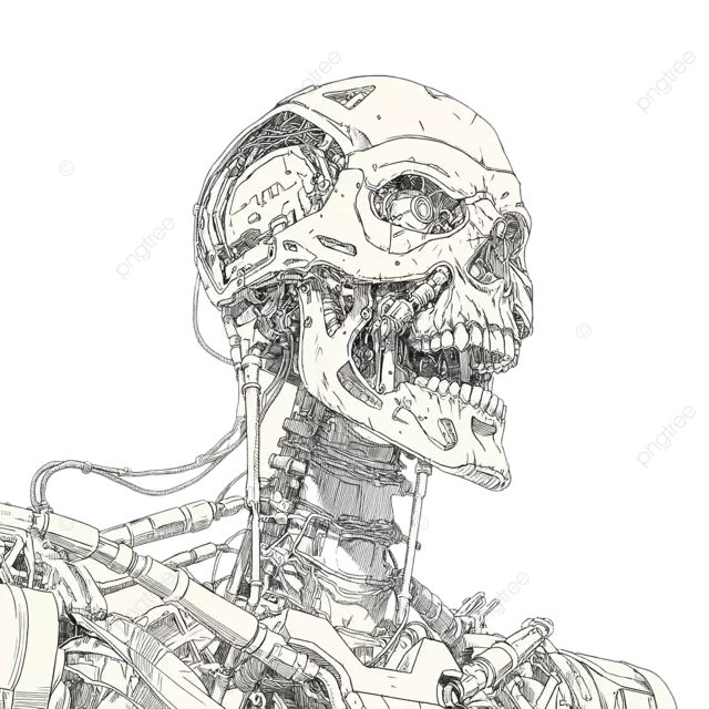恐怖的女性机械骷髅线条艺术肖像