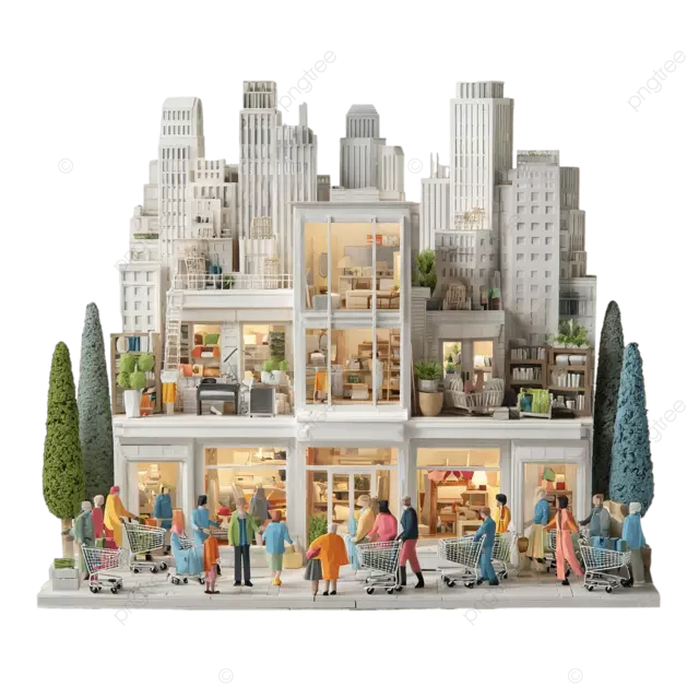 城市景观购物中心家居用品顾客推着购物车热闹非凡