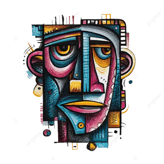 抽象男子肖像，色彩鲜艳的儿童绘画，充满线条 形状和点。