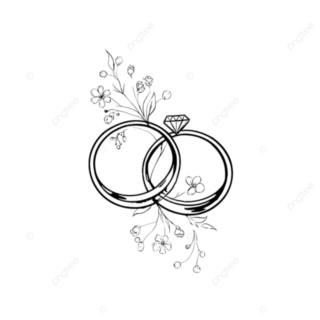 简单的线条纹身图案，两个旋转的结婚戒指，镶嵌钻石，点缀小花。