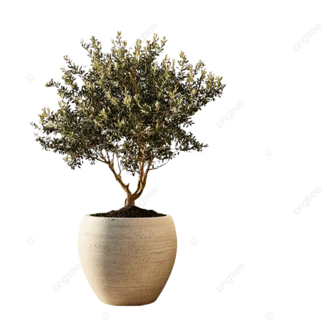 一棵刚换盆的橄榄树，栽种在优雅的陶瓷花盆中，摆放在设计精美的露台上，沐浴着柔和的傍晚阳光。