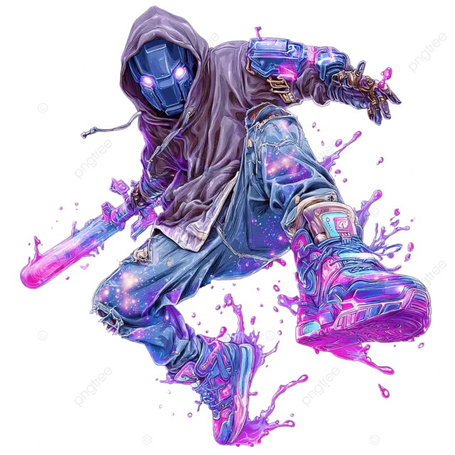 身着赛博朋克街头服饰的角色在空中跳跃，双眼闪闪发光，手持霓虹蝙蝠