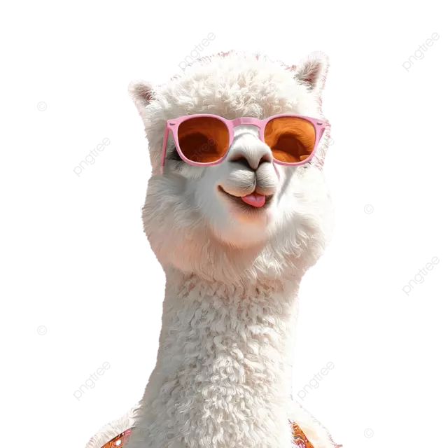 一只戴着趣味太阳镜 笑容灿烂的卡通羊驼，背景是柔和的粉色