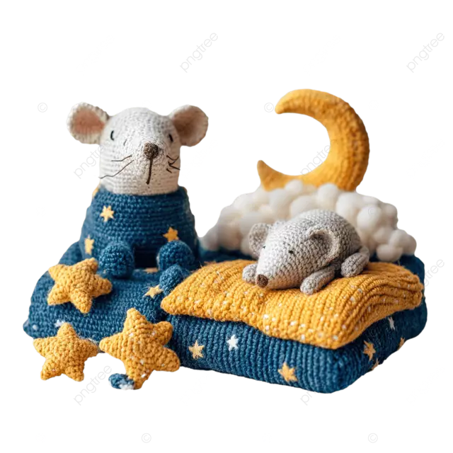 钩织的小动物们仰望星空，睡在舒适的枕头上。