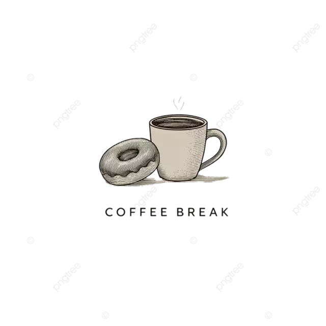 咖啡休息时间 线条画标志 甜甜圈和马克杯
