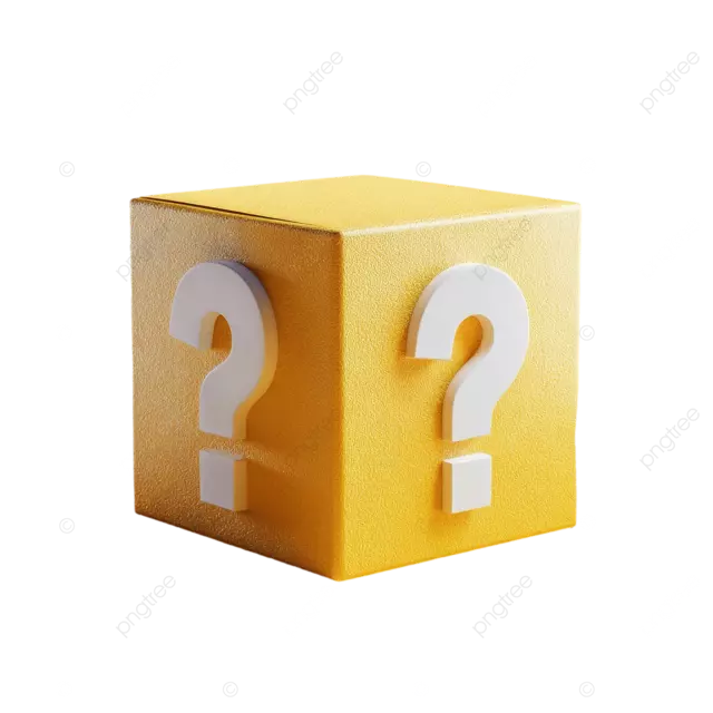 干净的地面上放着一个印有白色问号的黄色纸板箱