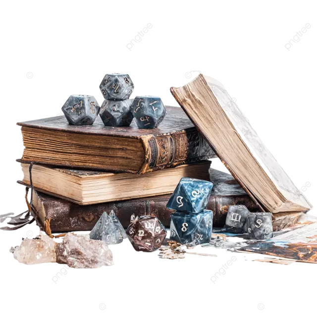 龙与地下城角色扮演游戏骰子书和日历在白色背景上