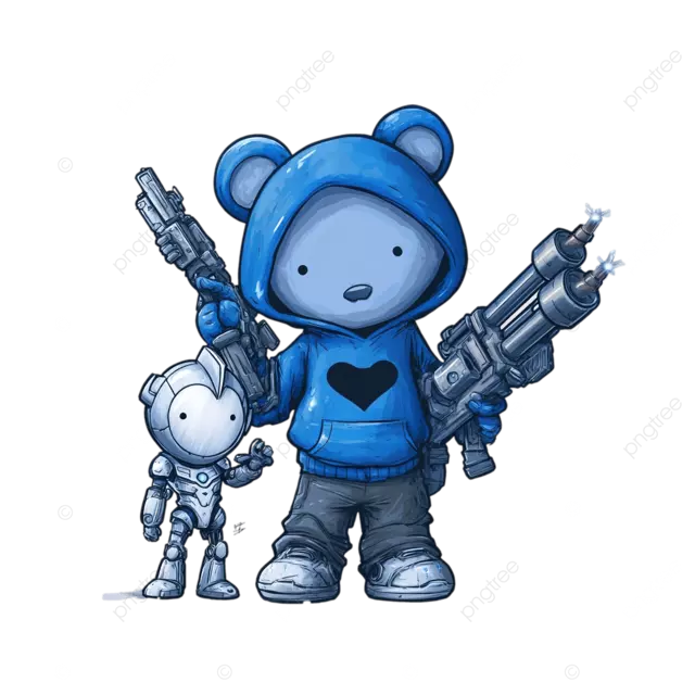 白色背景中拿着射线枪的冒险蓝色爱心熊和赤壁奥特曼