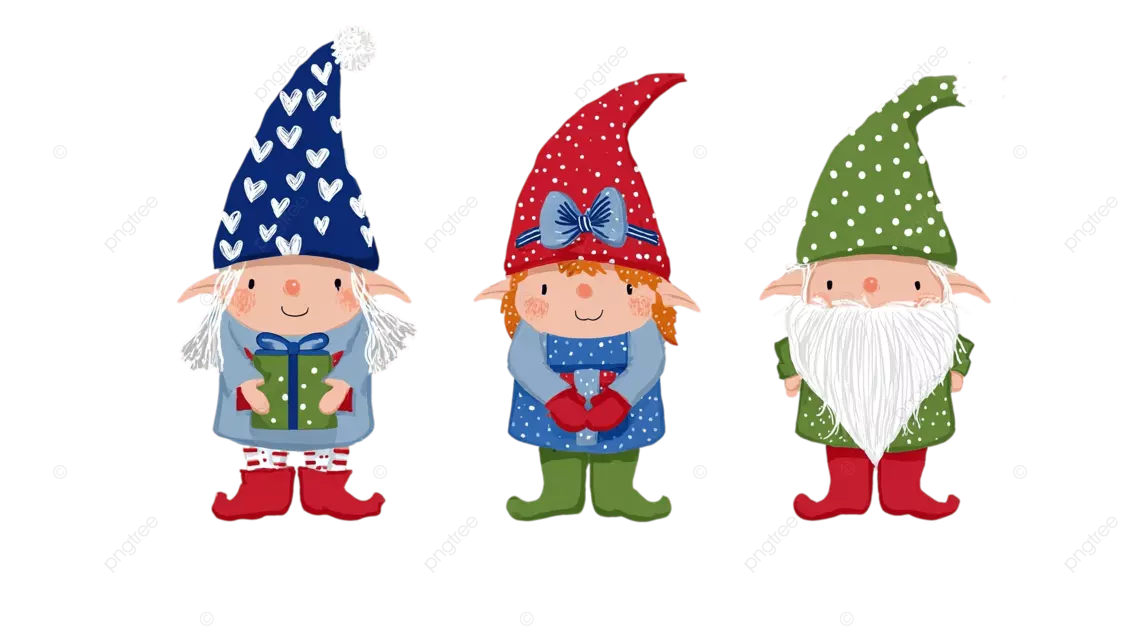 三个喜庆的圣诞小精灵手捧礼物，礼物上点缀着雪花和节日祝福语。