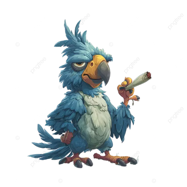 卡通鸟吸烟关节与烟雾