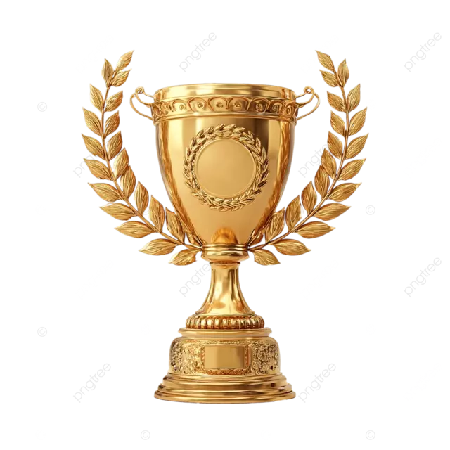 黄金奖杯和杯子上有桂冠花圈在白色背景