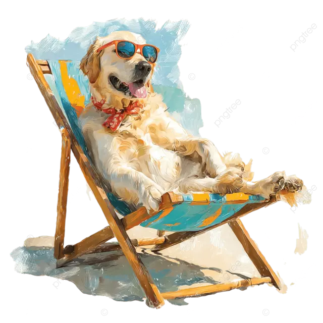 金毛猎犬在阳光下的沙滩椅上放松，可爱的卡通风格，色彩鲜艳的油画笔触