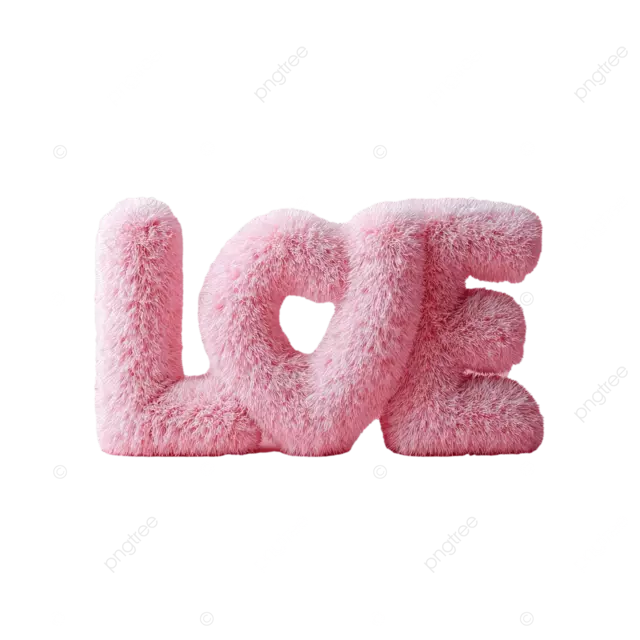 纯白色背景上极简主义的 3D 粉色蓬松爱心文字