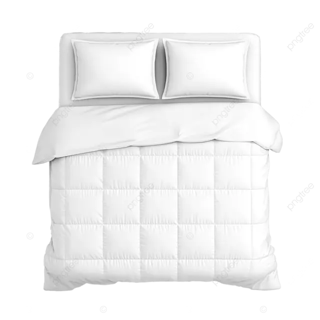 带枕头的白色床和床罩的顶部视图隔离背景