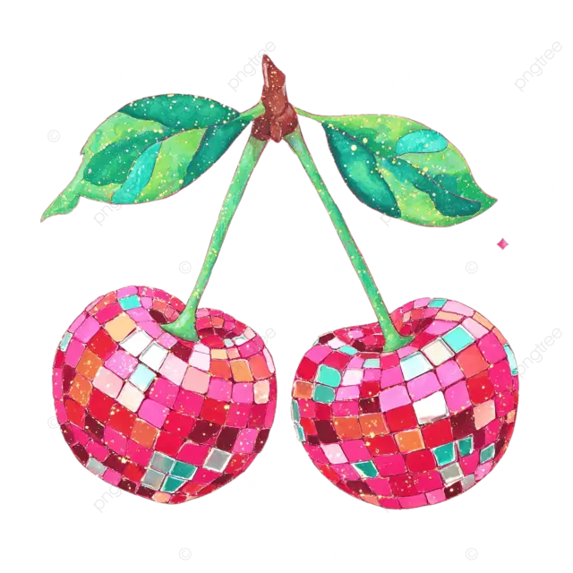 两个粉红色的樱桃，由红色和银色迪斯科舞会制成，绿叶