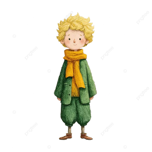 小王子绿色服装黄色头发围巾棕色鞋子冒险卡通风格