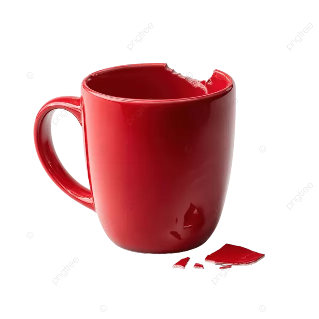 破碎的红色陶瓷杯子在白色背景上缺少碎片