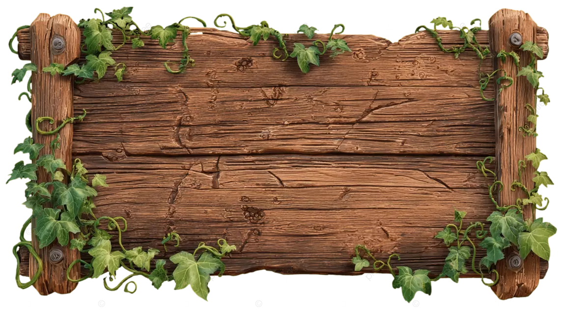 黑色背景上带有天然纹理和绿色藤蔓的棕色木质招牌