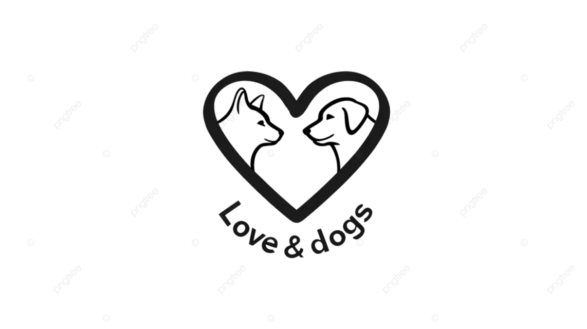 黑白心形插图，带有猫和狗的轮廓