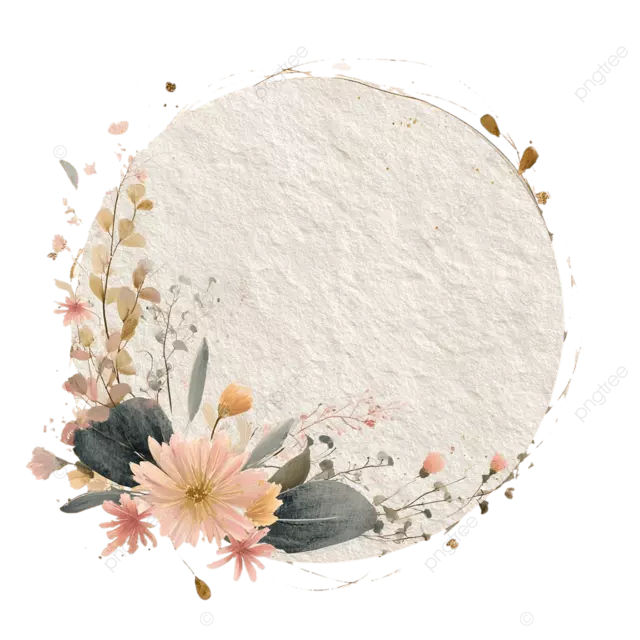 圆形水彩标签，带有各种花朵的散布的花朵柔软的空灵笔触，米色纹理纸和微妙的金色和银线