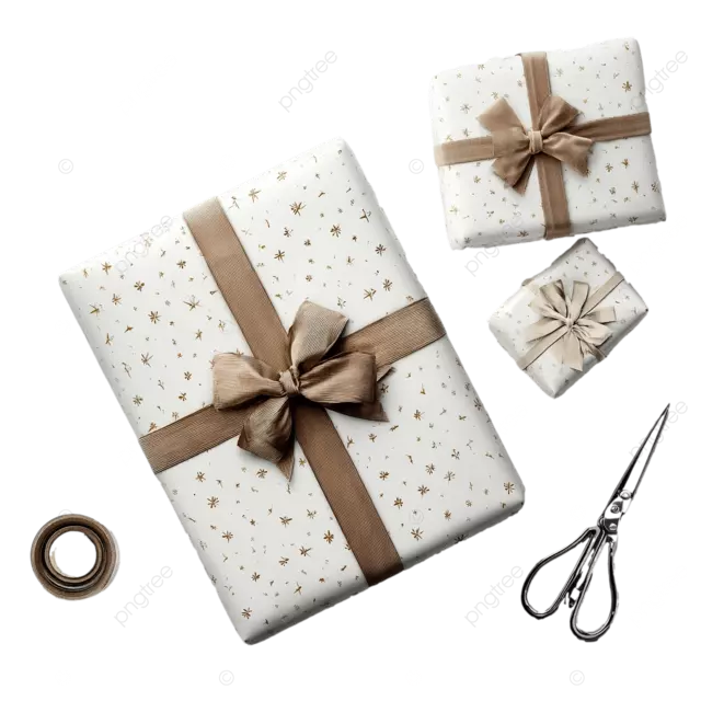 飘逸的白板包装纸，配以礼物丝带和剪刀，平躺视图