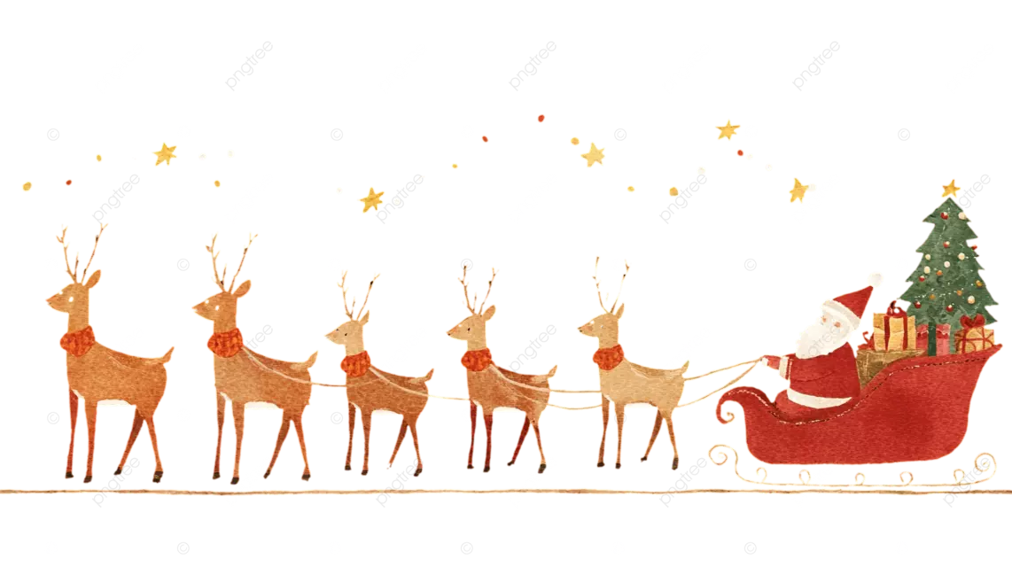 圣诞老人乘坐红色雪橇，带着驯鹿和圣诞礼物