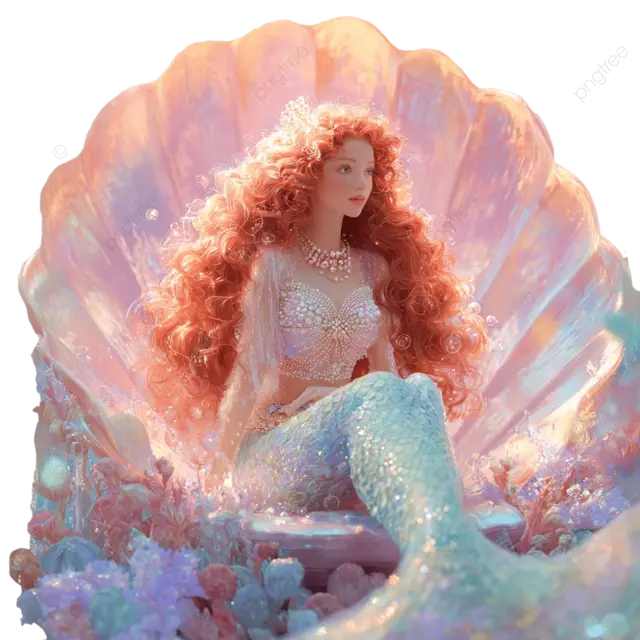 迷人的红发美人鱼在彩虹色的贝壳宝座水下幻想场景