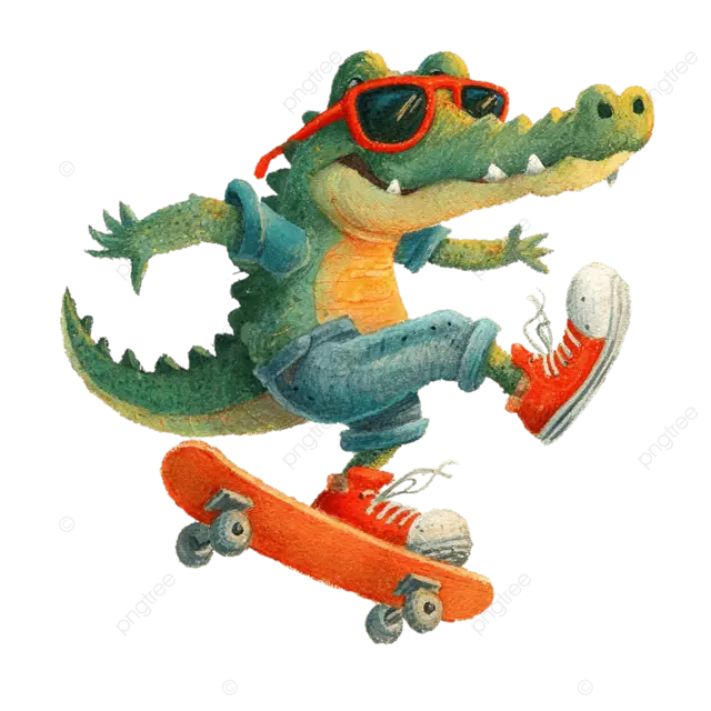 酷炫的鳄鱼戴着太阳镜和鞋子滑冰，适合儿童字母书