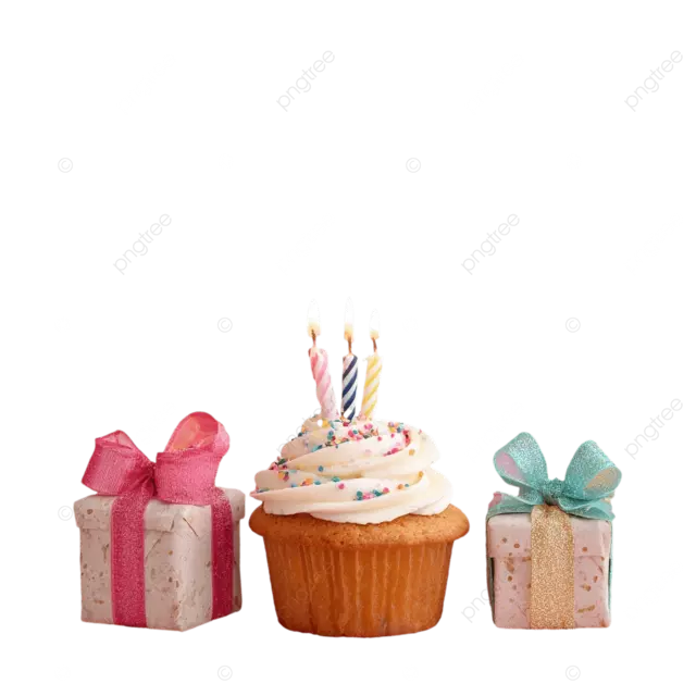 生日纸杯蛋糕庆祝与蜡烛气球和礼物的庆祝活动