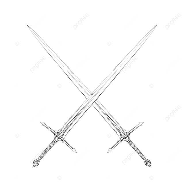 两把交叉的长剑，简单的线条画，奇幻剑的设计