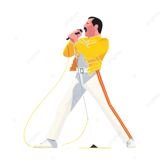 弗雷迪 默丘里身穿黄色夹克在舞台上唱歌的矢量卡通艺术