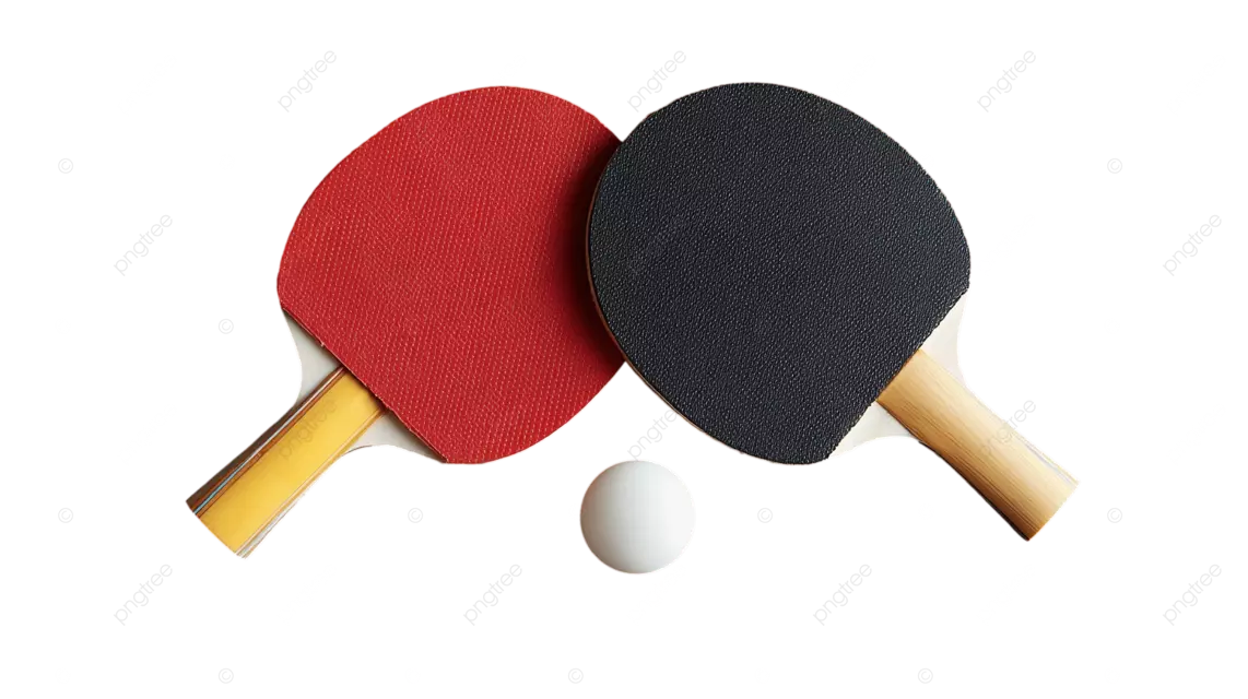 两块红黑相间的乒乓球拍，以及黑色背景上的白色球