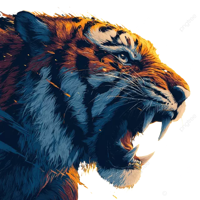 愤怒的老虎矢量肖像，泛着蓝色和橙色的亮色笔触，对比度高
