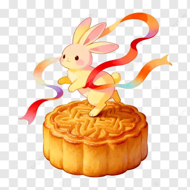 卡通水彩月饼兔子丝带中秋团圆夜剪纸画