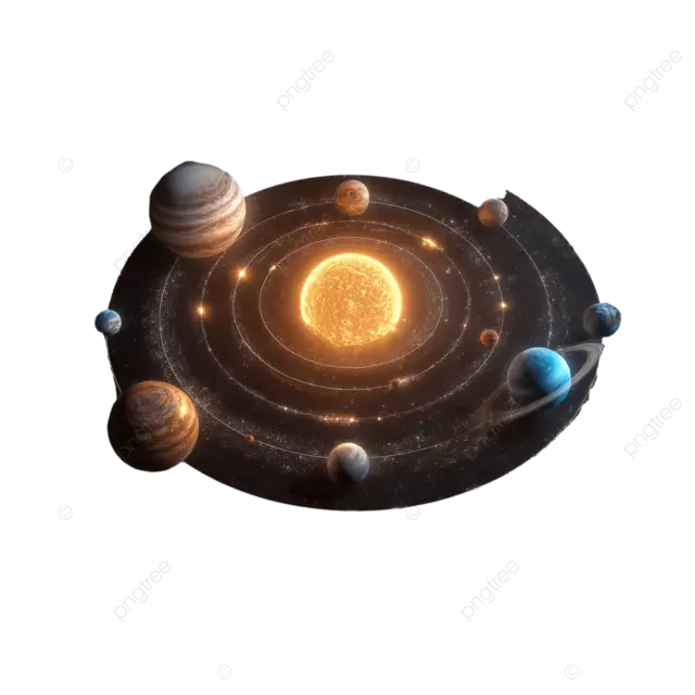 从上往下看我们的太阳系同心轨道和发光的太阳