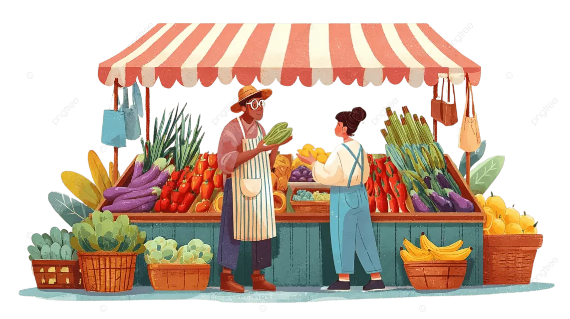 色彩缤纷的市场摊位，摊贩和顾客购买新鲜蔬菜和水果