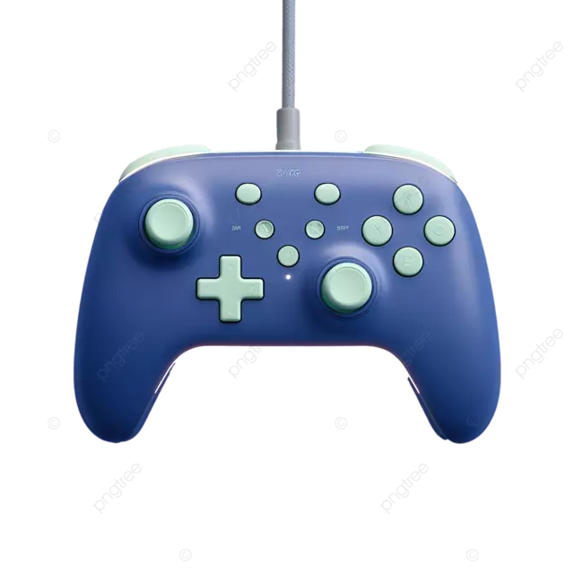 深蓝色的游戏控制器，带有柔和的霓虹灯和灰色电缆上的简约绿叶