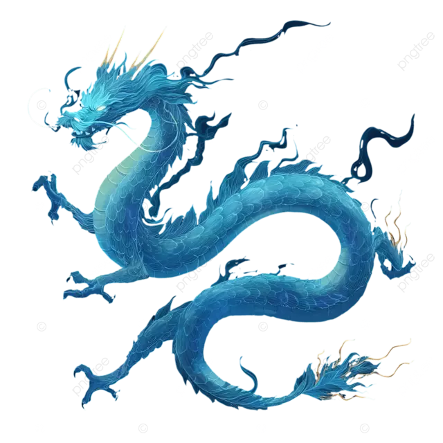 发光的蓝色中国龙矢量插图，具有优雅的姿势和烟雾效果