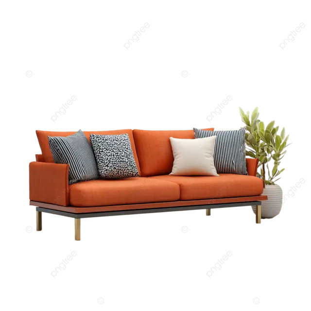 白色背景上带垫子的橙色现代户外沙发