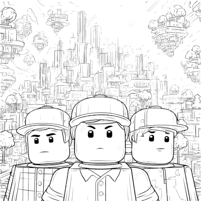 未来城市前的 Roblox 人物细节线条艺术插图