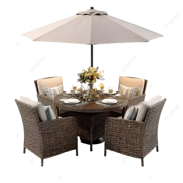 时尚的户外餐桌椅，配有柳条椅和舒适的靠垫