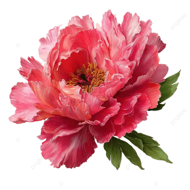 俯视图：白色背景上的一朵硕大的粉色牡丹花