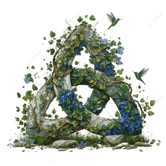 古老的凯尔特三角曲折符号，由绿叶 树枝 蓝绿花朵 石头 草和蜂鸟制成，白色隔离