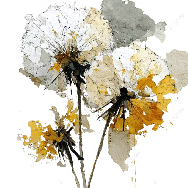 蒲公英黄色花朵，柔和的粉彩色调，浅棕色白色背景，简约粉彩