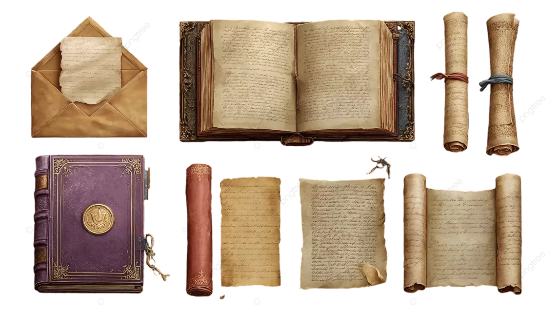 古董书籍和卷轴收藏，附信封和紫色书本